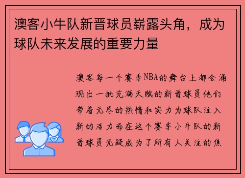 澳客小牛队新晋球员崭露头角，成为球队未来发展的重要力量