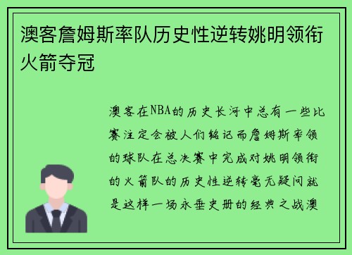 澳客詹姆斯率队历史性逆转姚明领衔火箭夺冠